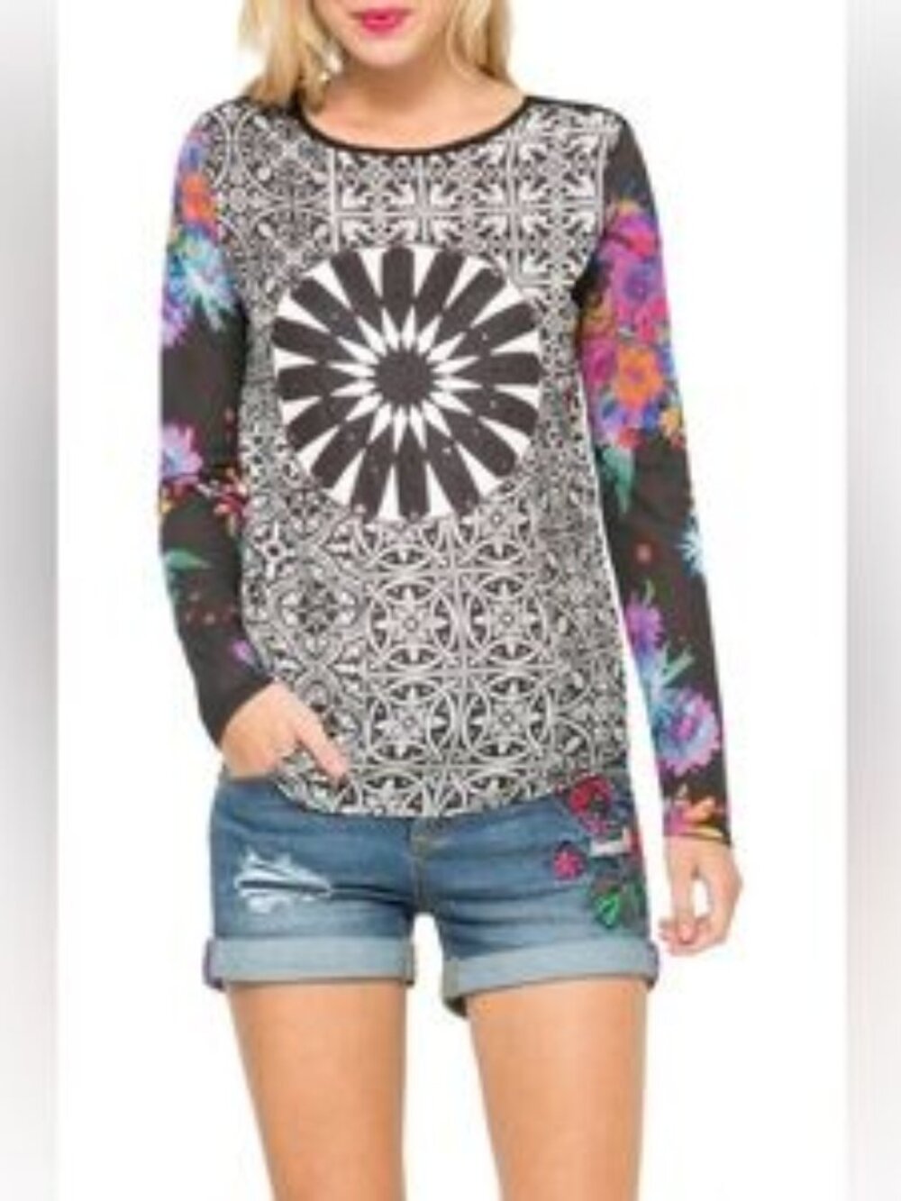 Desigual Tunic Top Blouse Sheer Sleeves Black Navy White Geometric Beaded Large